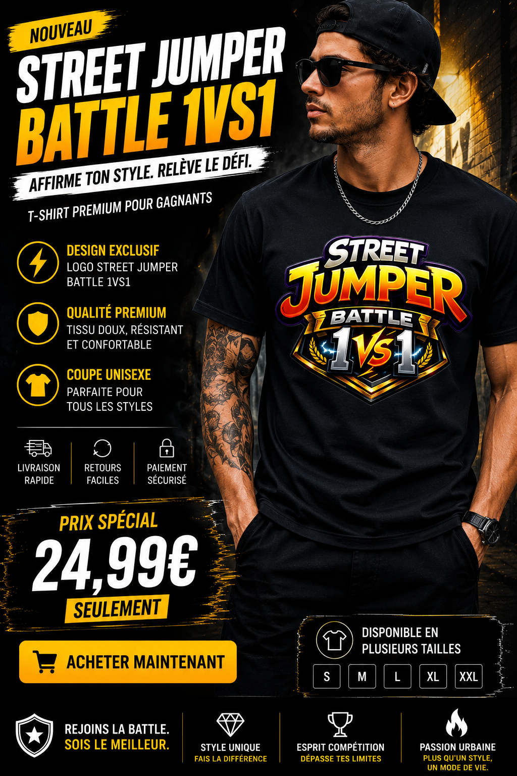 T-Shirt Noir Unisexe Classique Street Jumper Battle 1VS1