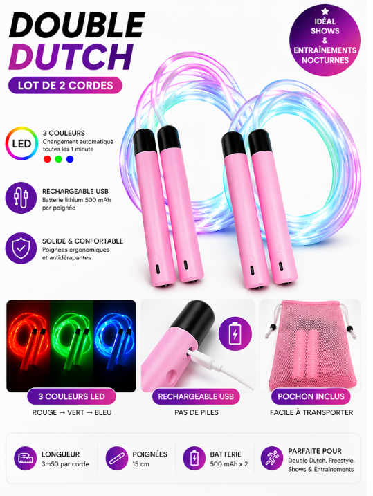 Paire de Cordes de Double Dutch Lumineuses – Rechargeables USB